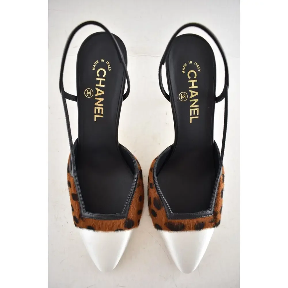 Chanel 26A Brown Leopard Black White Sling CC Gold Logo Slingback Heel Pump 36.5